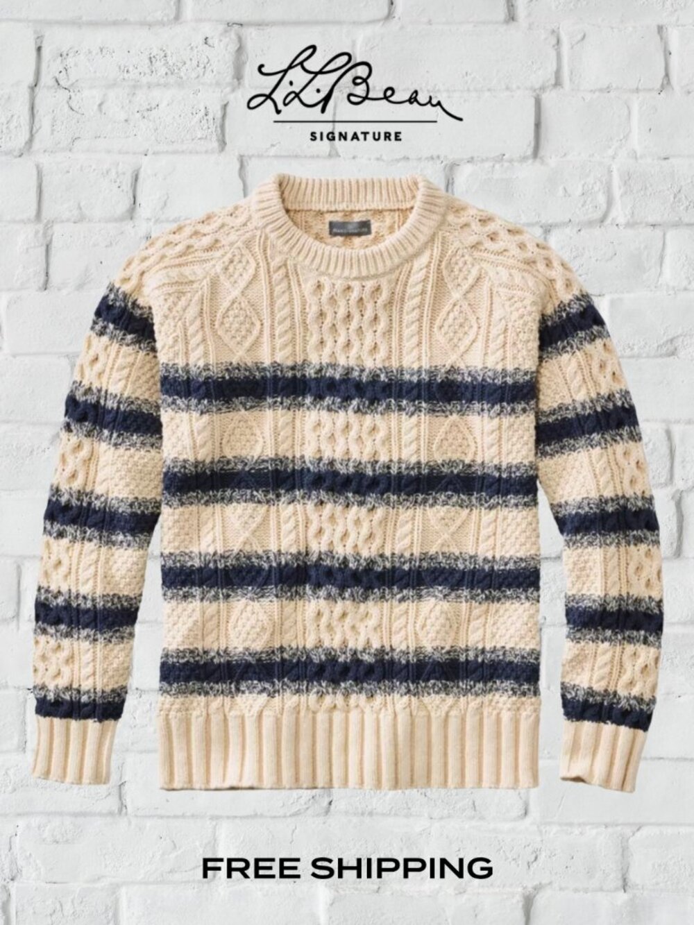 L.L. Bean Signature Cotton Fisherman Cable Knit Sweater Cream Navy Stripe Large